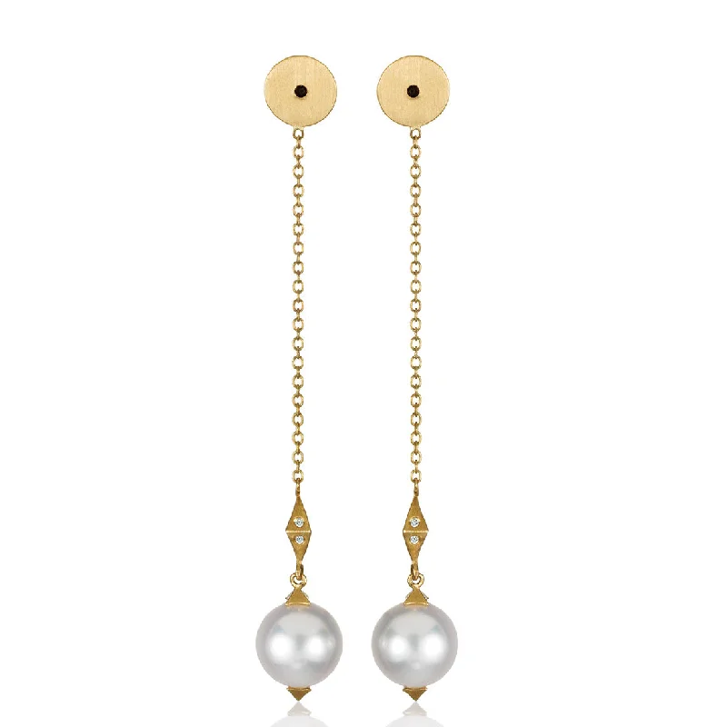 White Fresh Water pearl earrings on drop chain ear backs