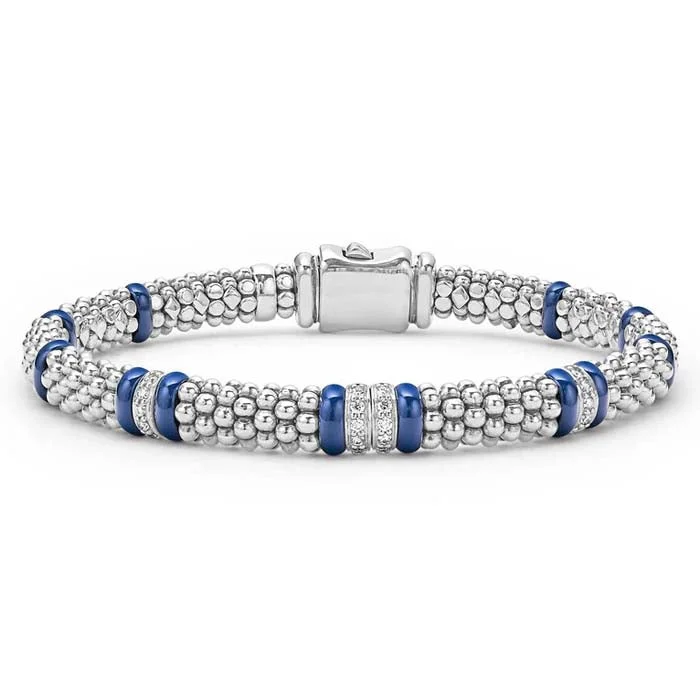 LAGOS Ultramarine Blue Ceramic Four Station Diamond Caviar Bracelet in Sterling Silver