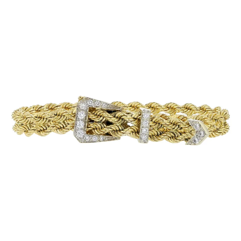 14K Gold Double Row Rope Diamond Buckle Bracelet