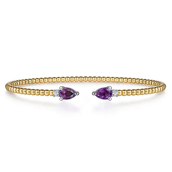 handmade braided leather necklace 14K White & Yellow Gold Bujukan Open Cuff Bracelet with Amethyst and Diamond End Caps