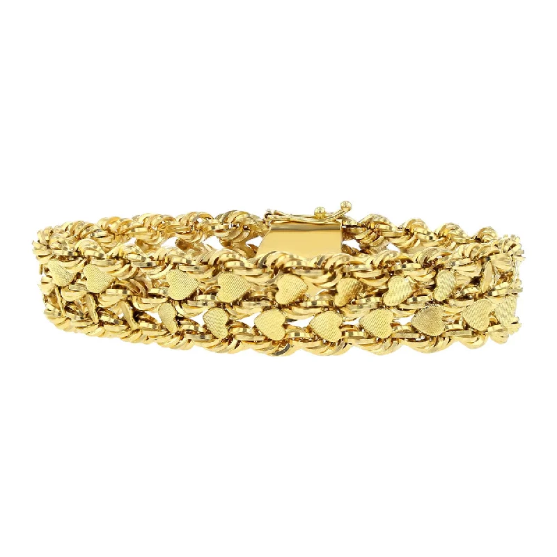 14K Yellow Gold Wide Rope and Heart Link Bracelet