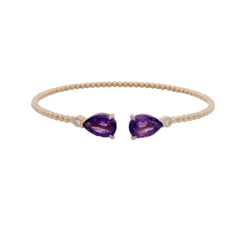 women’s leather wrap bracelet 14KY Amethyst Diamond Bujukan Open Bangle