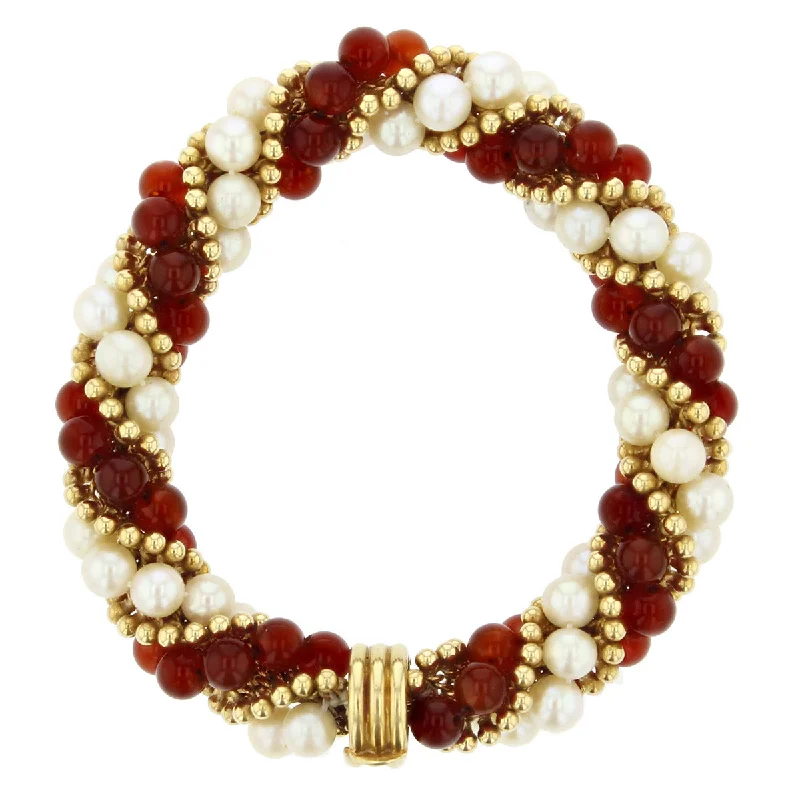 18K Gold Carnelian and Pearl Twisted Bracelet