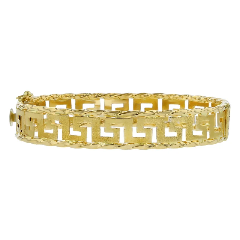 18K Yellow Gold Greek Key Hinged Bangle Bracelet