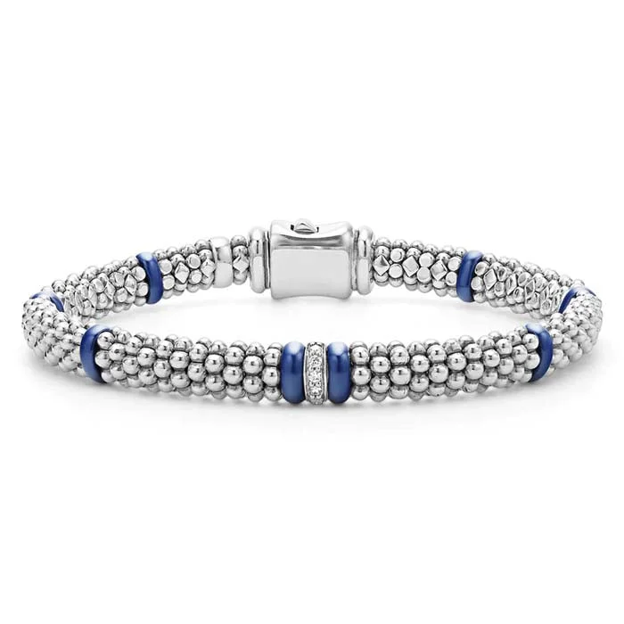 LAGOS Ultramarine Blue Ceramic Single Station Diamond Caviar Bracelet in Sterling Silver