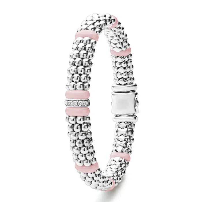 LAGOS Pink Ceramic Caviar Single Station Diamond Bracelet in Sterling Silver