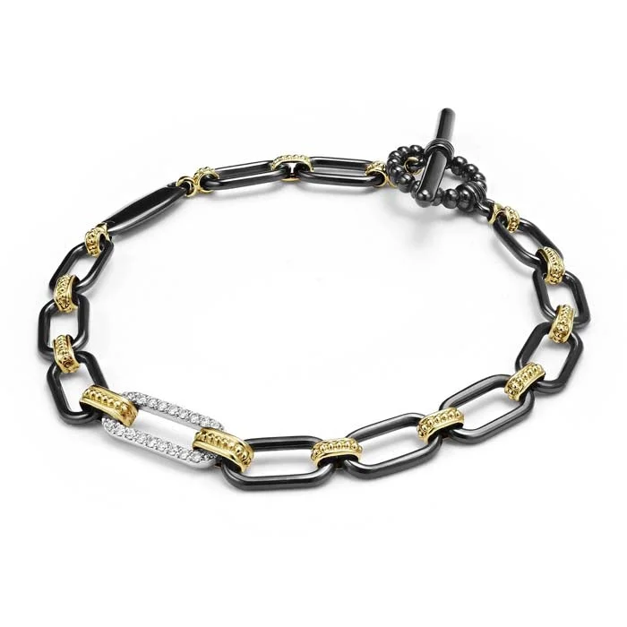 LAGOS 7" Diamond Station Link Bracelet in Black Ceramic and 18K Yellow Gold