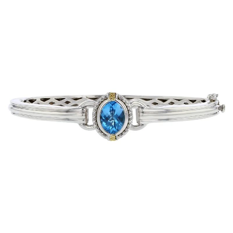 Blue Topaz Hinged Bangle Bracelet in Sterling Silver and 18K Yellow Gold