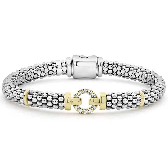 LAGOS .12CTW Diamond Single Circle Enso Bracelet in Sterling Silver and 18K Yellow Gold - Size Medium (7)