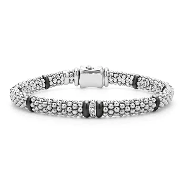 LAGOS Black Ceramic Single Station Diamond Caviar Bracelet in Sterling Silver