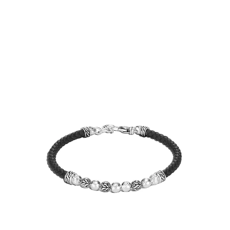 Classic Chain Hammered Silver Bracelet on Black Woven Leather with Lobster Clasp with 5mm Silver Beads