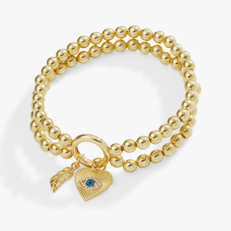 simple crescent moon ring Evil Eye + Feather Double Stretch Bracelet