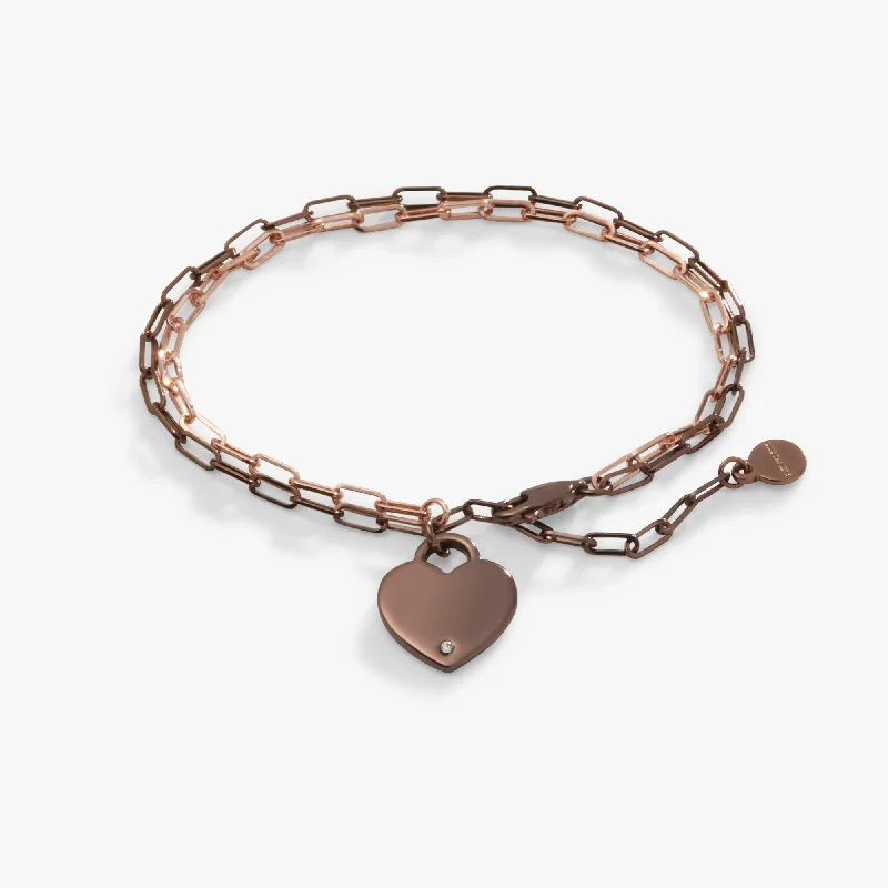 Heart Charm Double Paperclip Chocolate & Gold Chain Bracelet