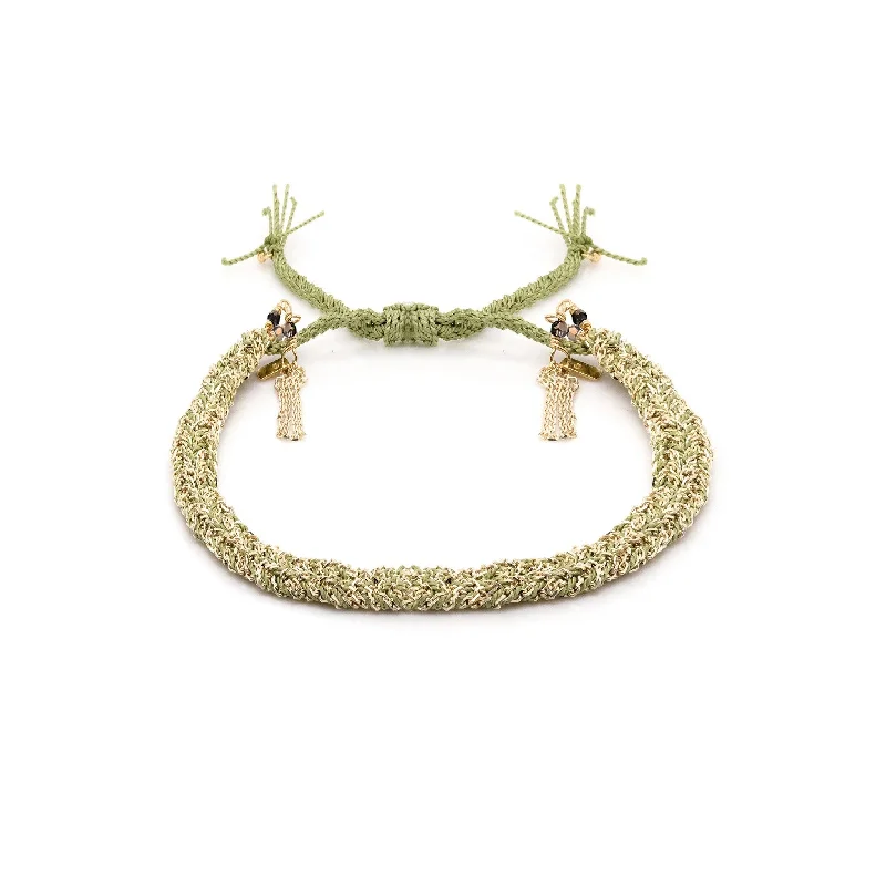 Gold Vermeil Chain and Jade Silk Woven Bracelet