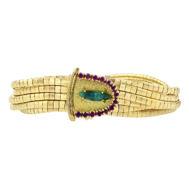 Mid-Century 18K Gold Turquoise and Ruby Bracelet