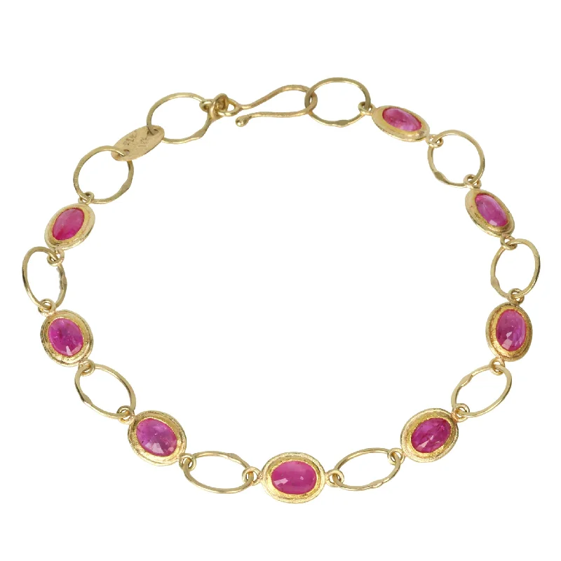 22K Gold Handmade Oval Link Bracelet with Bezel-Set Oval Rubies