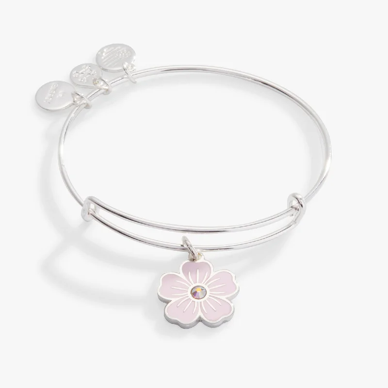 vintage platinum wedding band Pink Pansy and Crystal Charm Bangle Bracelet