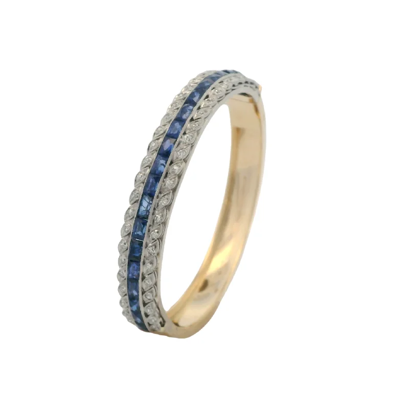 men’s engraved cuff bracelet Plat/18K Yellow Gold Diamond and Synthetic Sapphire Bangle Bracelet