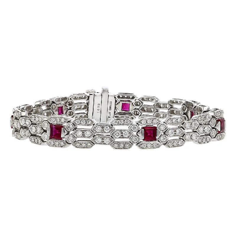 Platinum Diamond and Square-cut Ruby Bracelet