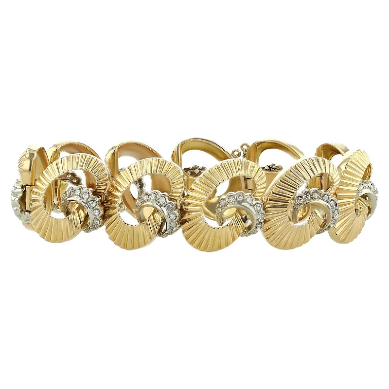 Retro 18K Gold Fluted Link and Diamond Bracelet