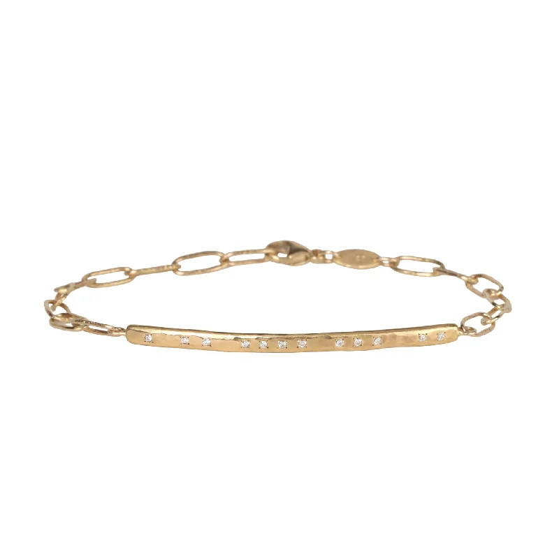 18K Gold Hammered Bar & "Bubble" Chain Bracelet with Diamond Details