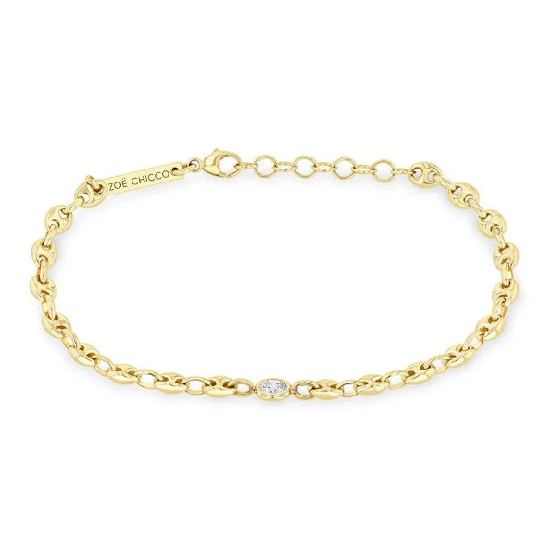 Small Puffed Mariner Chain Bracelet with Center Diamond