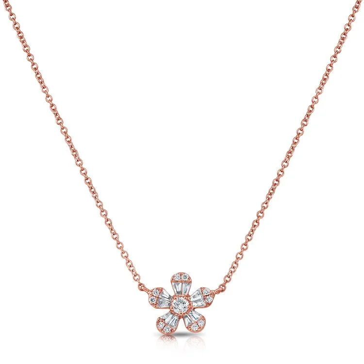 dainty rose gold anklet 14k Rose Gold Diamond Baguette Flower Necklace