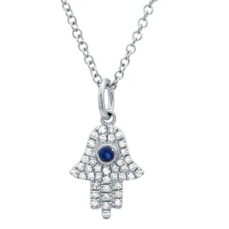 gold-plated snake chain bracelet 14K White Gold Diamond + Sapphire Hamsa Necklace