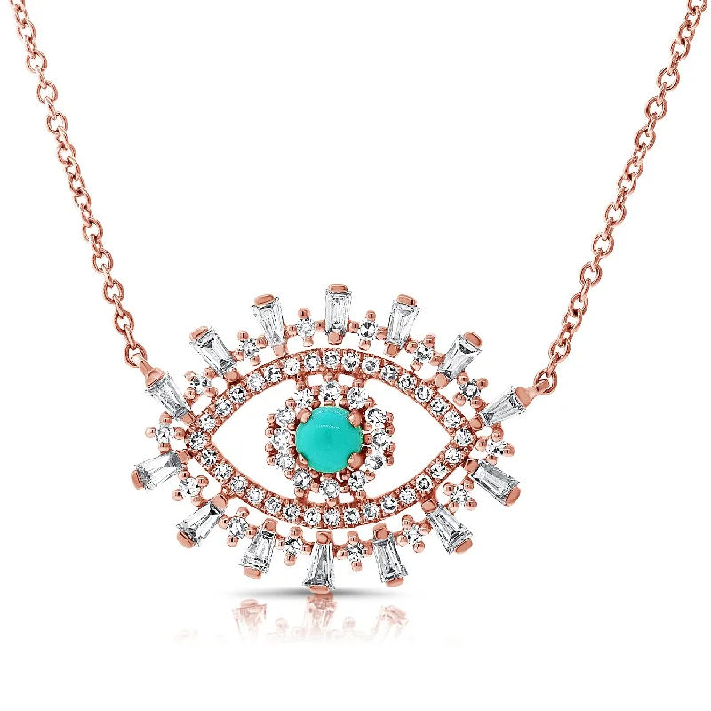 large vintage statement necklace 14K Rose Gold Diamond + Turquoise Evil Eye Necklace