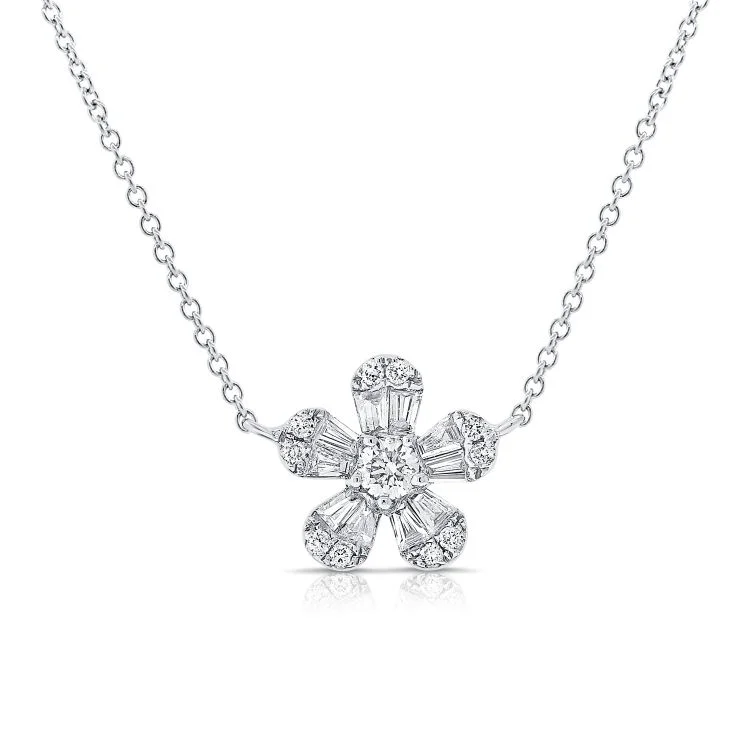 minimalist cubic zirconia earrings 14K White Gold Baguette Diamond Flower Necklace