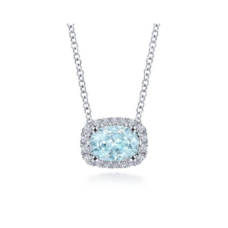 minimalist sapphire drop necklace 14K White Gold Diamond Rectangle Halo and Oval Aquamarine Necklace minimalist sapphire drop necklace 14K White Gold Diamond Rectangle Halo and Oval Aquamarine Necklace