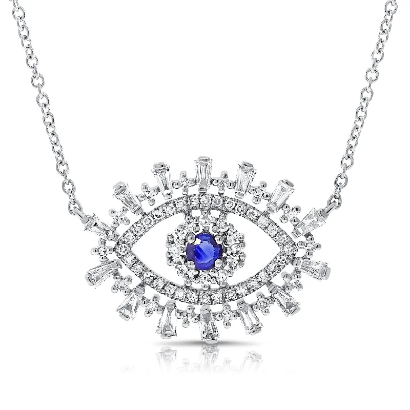 custom gold name necklace 14K White Gold Diamond + Sapphire Evil Eye Necklace