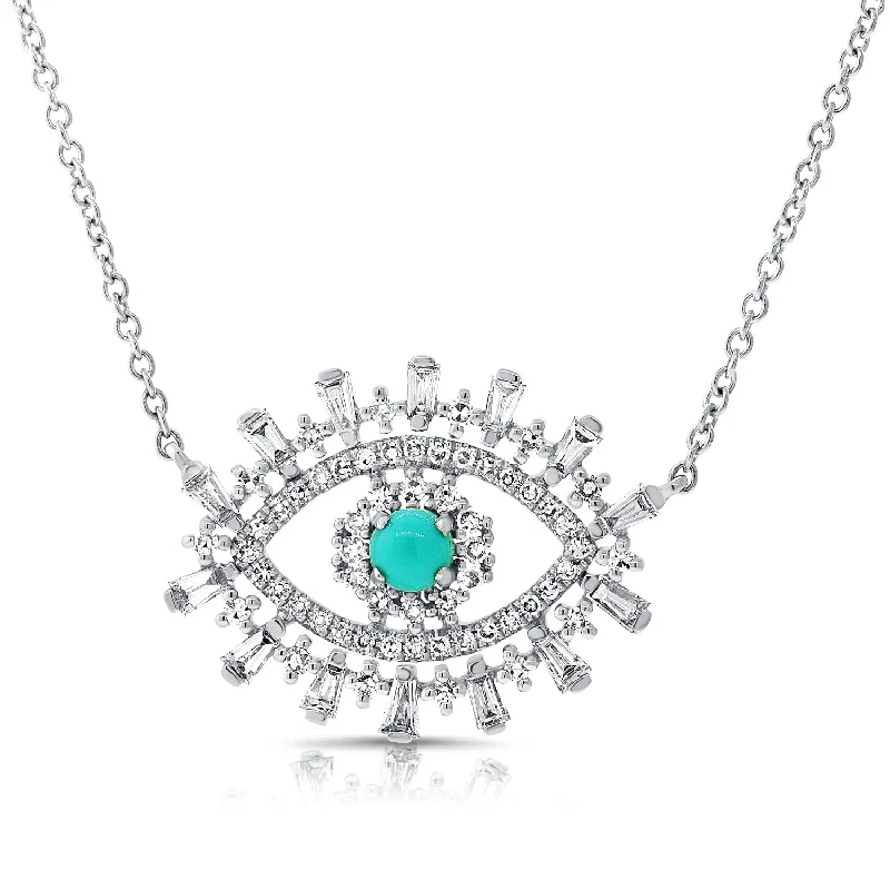 gemstone infinity bracelet 14K White Gold Diamond + Turquoise Evil Eye Necklace