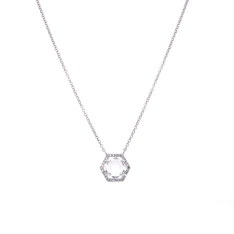 rose gold anklet chain 14K White Gold Diamond + White Topaz Small Hexagon Necklace