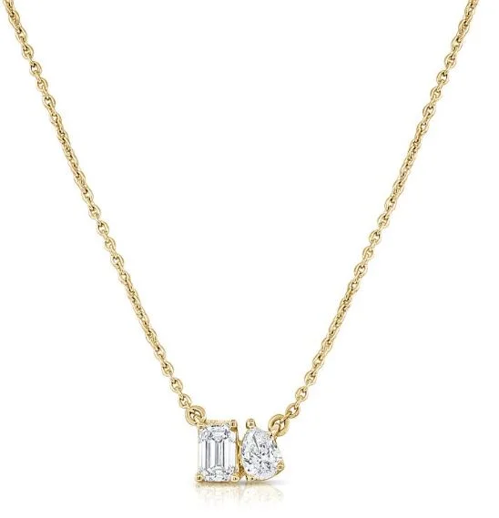 handmade coin pendant necklace 14K Yellow Emerald & Pear Toi Et Moi Diamond Necklace
