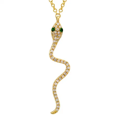 silver arrow pendant necklace 14K Yellow Gold Diamond + Green Eye Snake Necklace