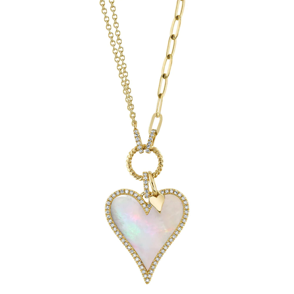 custom engraved infinity necklace 14K Yellow Gold Diamond and Mother of Pearl Heart Necklace