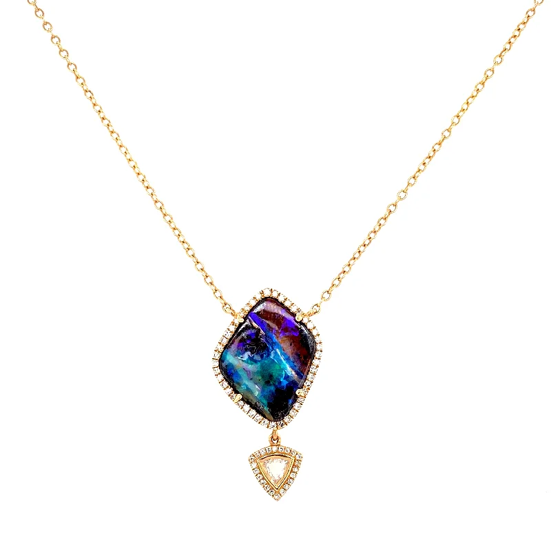 personalized gemstone pendant necklace 14K Yellow Gold Diamond + Boulder Opal Necklace