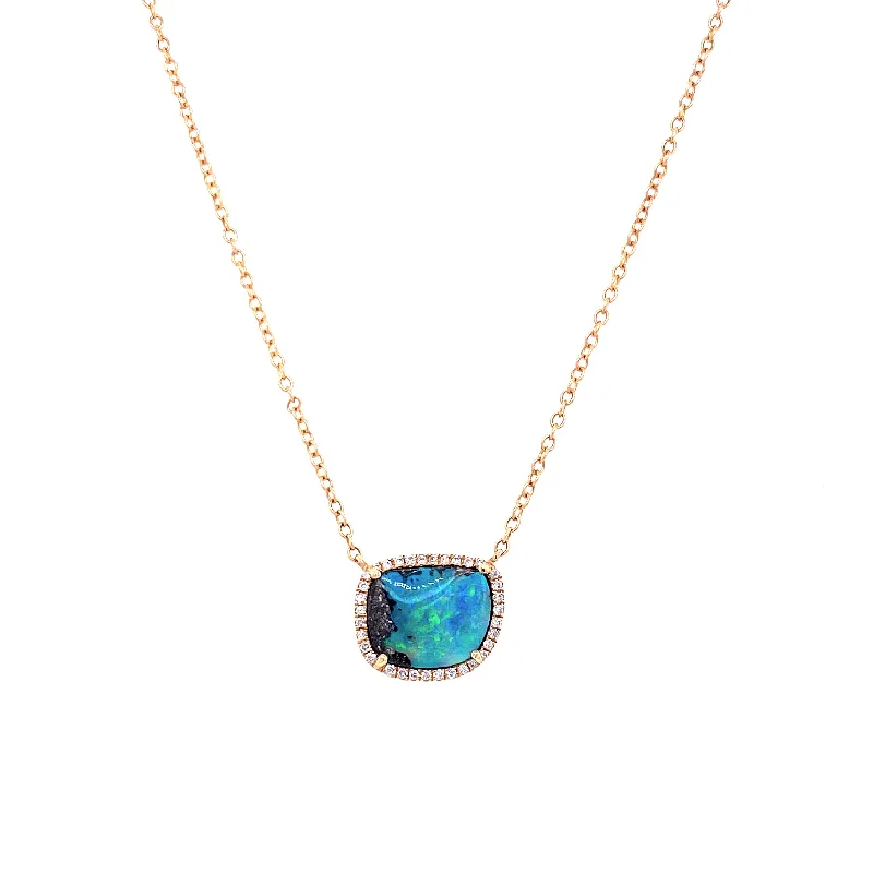 diamond halo engagement ring 14K Yellow Gold Diamond + Boulder Opal Necklace