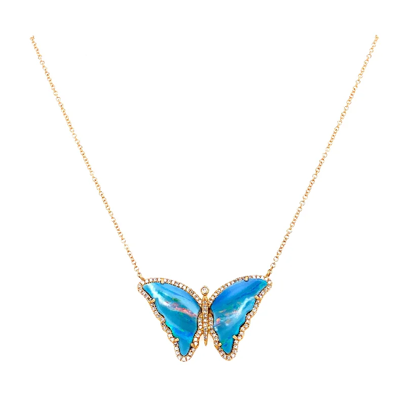 dainty gold chain earrings 14K Yellow Gold Diamond + Opal Butterfly Necklace