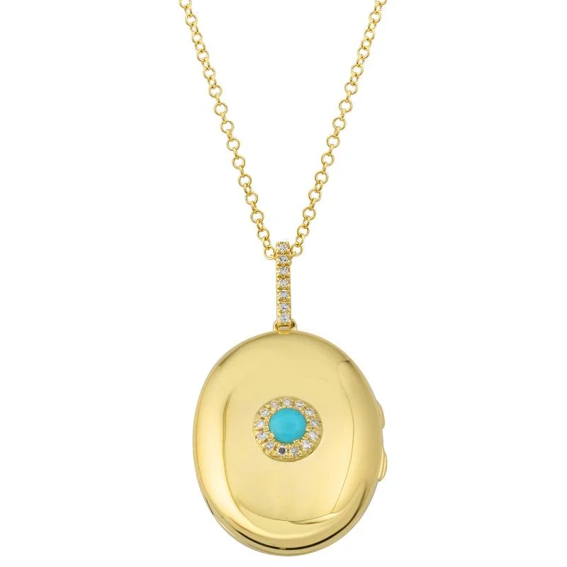 vintage diamond brooch pin 14K Yellow Gold Turquoise Diamond Locket Necklace