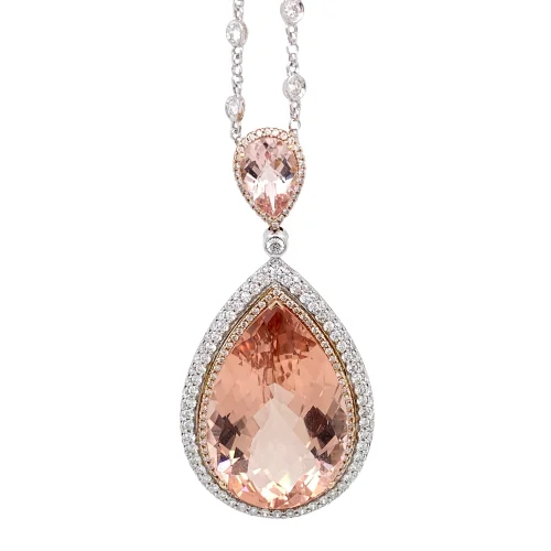 handcrafted filigree ring silver 18K Rose Gold Diamond and Pear Morganite Pendant