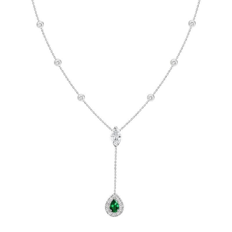 emerald cut diamond wedding ring 18K White Gold Diamond + Emerald Y Necklace