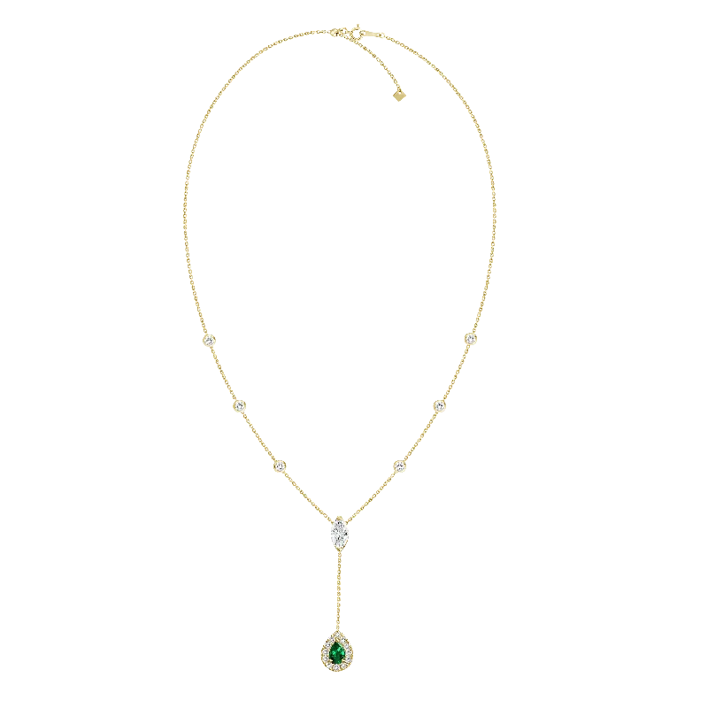 rose gold feather earrings 18K Yellow Gold Diamond + Emerald Y Necklace