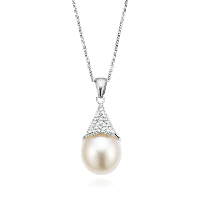 gold-plated figaro chain Sterling Silver Fresh Water Pearl and Cubic Zirconia Pendant