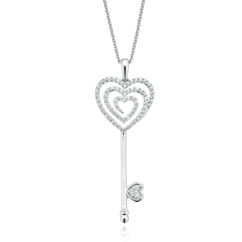 dainty beaded stretch bracelet 9ct White Gold Round Brilliant Cut Heart & Key with 0.25 Carat tw of Diamond Pendant