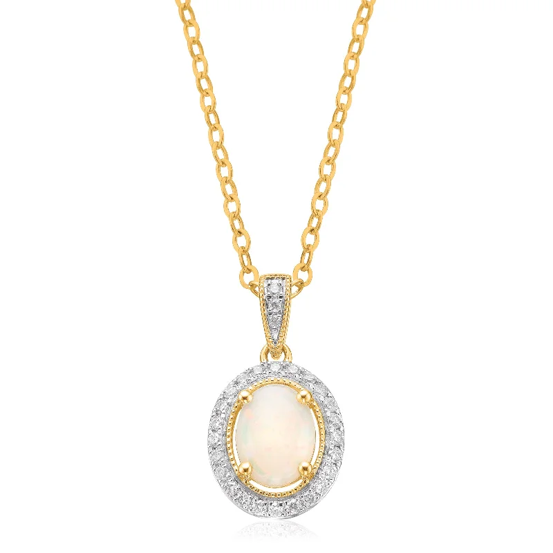 real opal ring for women 9ct Yellow Gold Oval Cut 8x6mm Opal & 0.18 Carat tw of Diamonds Pendant