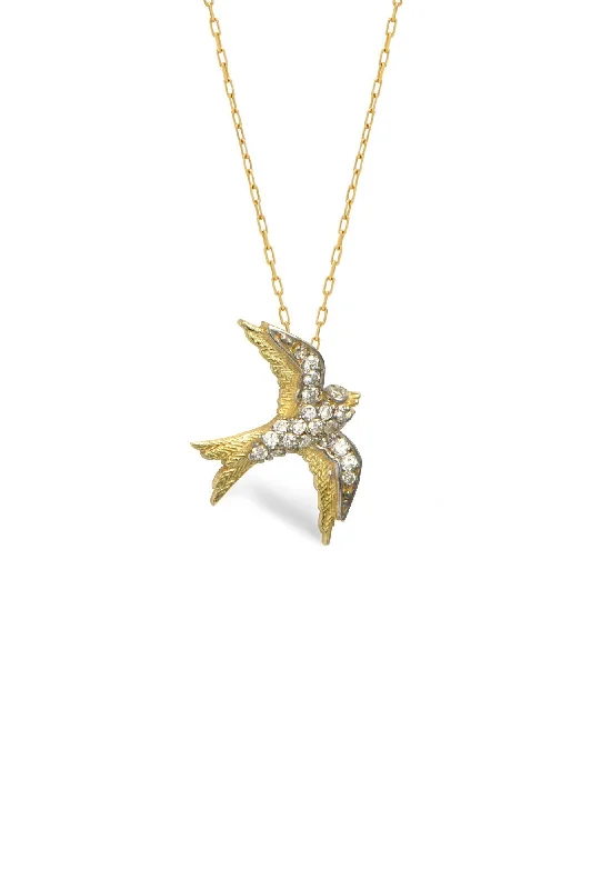 Swallow Bird 14K Gold Necklace w. Diamonds