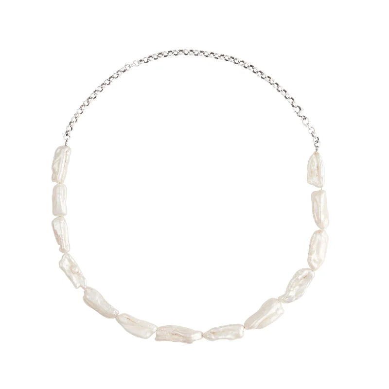 Biwa Silver Choker Necklace w. Pearls