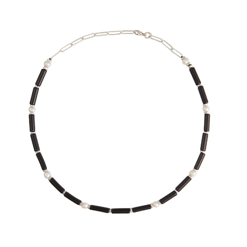 Black Onyx Silver Necklace w. Pearls